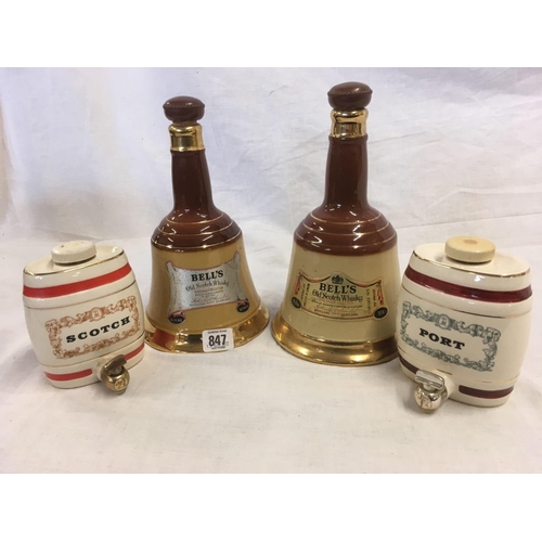 847 - 2 WADE BELLS SCOTCH WHISKY EMPTY DECANTERS & 2 OTHER WADE ITEMS,  1 PORT & THE OTHER SCOTCH ALSO EMP... 