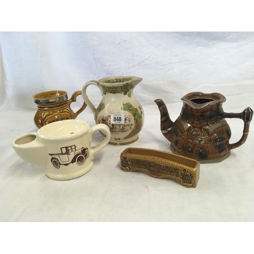 848 - 5 ITEMS OF WADE POTTERY, 4 OF JUGS & A MODEL OF A BRIDGE