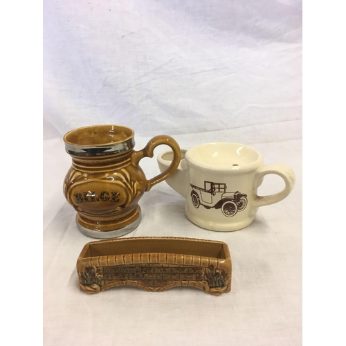 848 - 5 ITEMS OF WADE POTTERY, 4 OF JUGS & A MODEL OF A BRIDGE