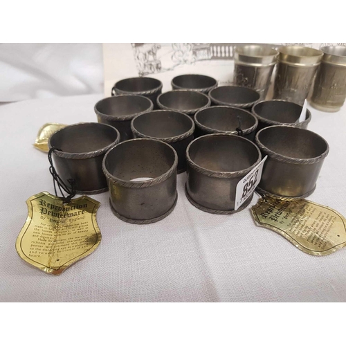 852 - 12 REPRODUCTION PEWTER WARE NAPKIN RINGS & 3 HAMBURG PEWTER SMALL CUPS