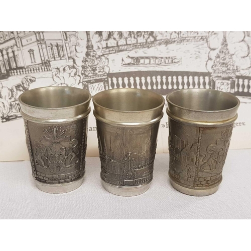 852 - 12 REPRODUCTION PEWTER WARE NAPKIN RINGS & 3 HAMBURG PEWTER SMALL CUPS