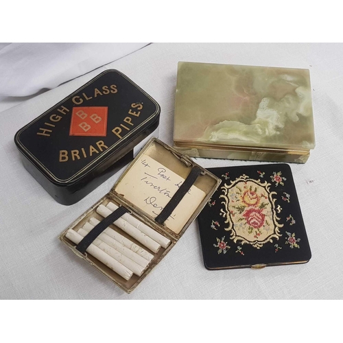 854 - FOUR SMOKING ITEMS, GREEN ONYX CIGARETTE BOX, TIN BOX FOR PIPES & 2 CIGARETTE CASES, ONE WITH PERIOD... 