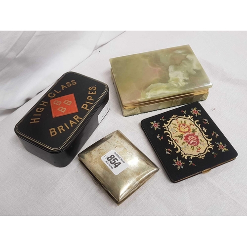 854 - FOUR SMOKING ITEMS, GREEN ONYX CIGARETTE BOX, TIN BOX FOR PIPES & 2 CIGARETTE CASES, ONE WITH PERIOD... 