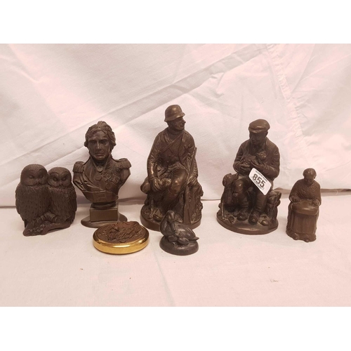 855 - 7 RESIN OBJECTS INCL; BUST OF NELSON, SEATED FIGURES, ANIMALS ETC