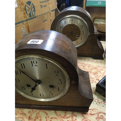 860 - 4 WOODEN MANTEL CLOCKS FOR REPAIR OR SPARES