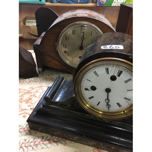 860 - 4 WOODEN MANTEL CLOCKS FOR REPAIR OR SPARES