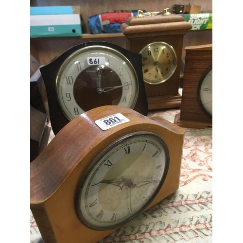 861 - 5 WOODEN MANTEL CLOCKS FOR SPARES OR REPAIR