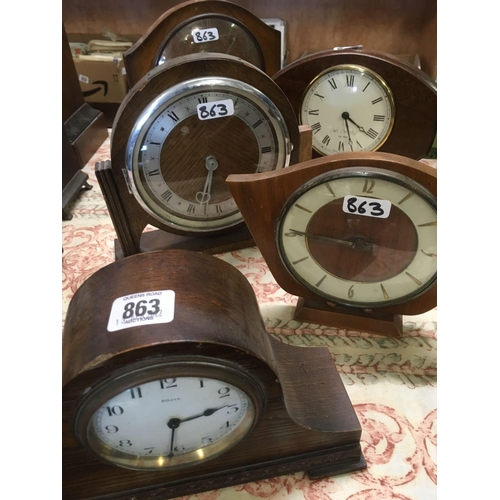 863 - 5 WOODEN MANTEL CLOCKS FOR SPARES OR REPAIR