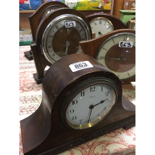 863 - 5 WOODEN MANTEL CLOCKS FOR SPARES OR REPAIR