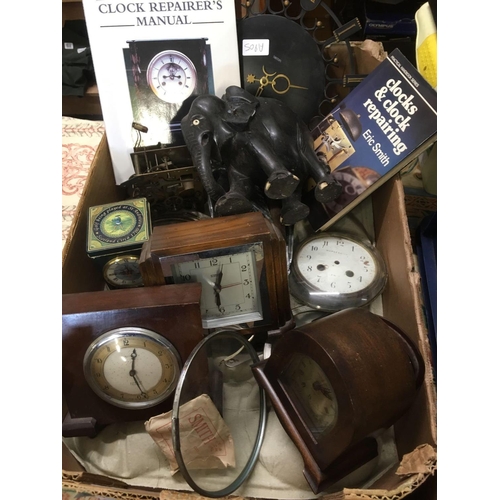 865 - CARTON WITH 3 WOODEN MANTEL CLOCKS, CLOCK PARTS AND OTHER ITEMS