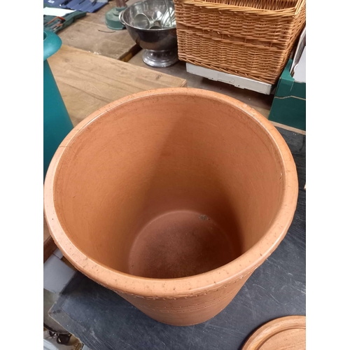 131 - EARTHENWARE POT WITH WOODEN LID, APPROX 15'' X 12'' DIAMETER