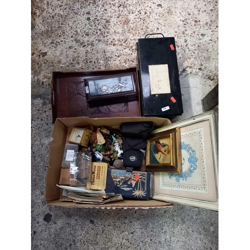 17 - SHELF WITH BLACK METAL DOCUMENT BOX, MODERN INLAID CASKET, TRAY, BISCUIT BARREL & 2 CARTONS OF BRIC-... 