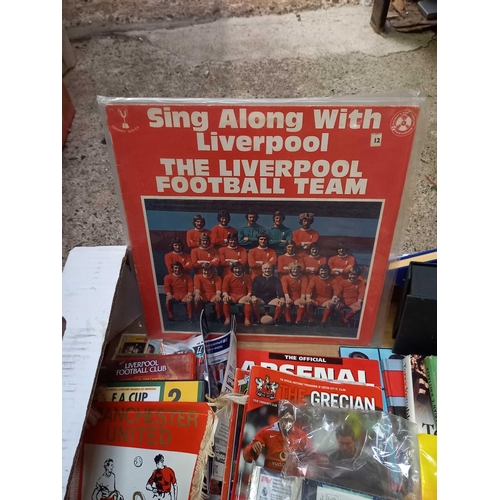 30 - 2 CARTONS OF FOOTBALL RELATED PROGRAMMES, UNOPENED COLLECTORS CARDS, MEMORABILIA ETC