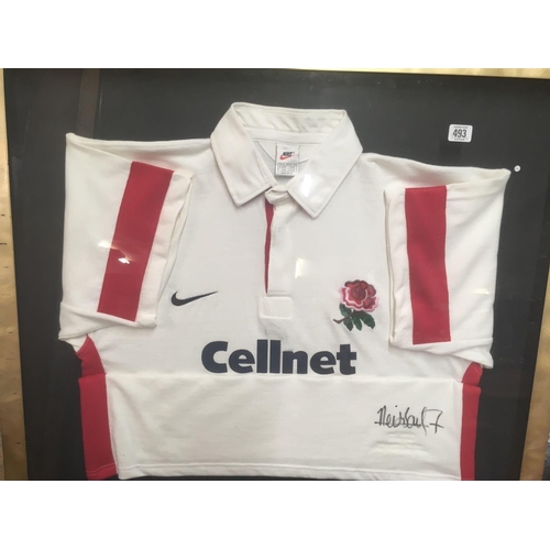 493 - FRAMED ENGLAND RUGBY SHIRT SIGNED BY NEIL BACK