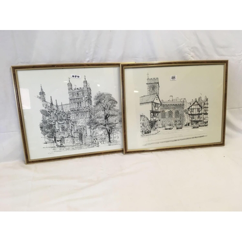 494 - 2 FRAMED PEN & INK STYLE PRINTS BY R DOWNER OF EXETER CATHEDRAL & STEPCOTE HILL