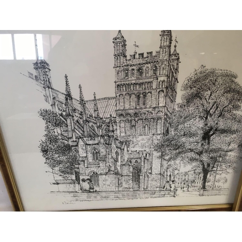 494 - 2 FRAMED PEN & INK STYLE PRINTS BY R DOWNER OF EXETER CATHEDRAL & STEPCOTE HILL