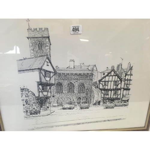 494 - 2 FRAMED PEN & INK STYLE PRINTS BY R DOWNER OF EXETER CATHEDRAL & STEPCOTE HILL