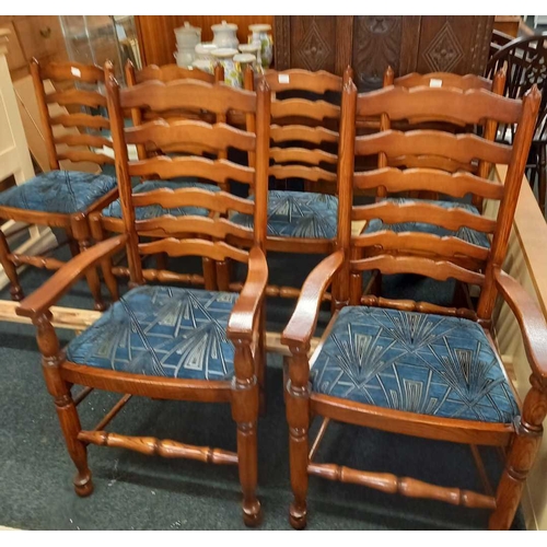 497 - SET OF POLISHED OAK & UPHOLSTERED LADDER BACK DINING CHAIR, (4 PLUS 2 CARVERS)