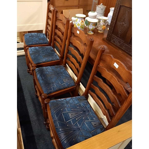 497 - SET OF POLISHED OAK & UPHOLSTERED LADDER BACK DINING CHAIR, (4 PLUS 2 CARVERS)