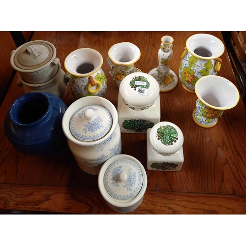 499 - 5 PIECES OF ITALIAN POTTERY, 2 TAUNTON VALE STORAGE JARS, BURLEY STORAGE JARS ETC