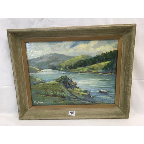 501 - WILLIAM A COUPER, 1891-1972 AN UPLAND RIVER LANDSCAPE, OIL PAINTING ON CANVAS BOARD. SIGNED