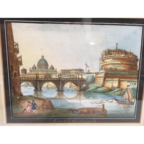 502 - EARLY 19TH CENTURY WATERCOLOUR VIEW OF CASTLE ST ANGELO, ROME. INSCRIBED BENEATH THE IMAGE