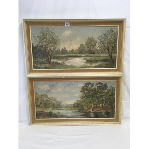 506 - PAIR OF OIL PAINTINGS OF A TREE-LINED RIVER LANDSCAPES, BOTH SIGNED MARY CROUCH