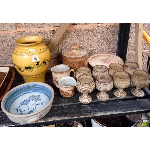 56 - SHELF WITH MISC STUDIO POTTERY, OLIVE JAR & OVEN DISHES