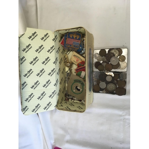 67 - CARTON WITH MISC PLATED TROPHY CUPS, CASTORS, CLOTH BADGES, COINS & BRIC-A-BRAC