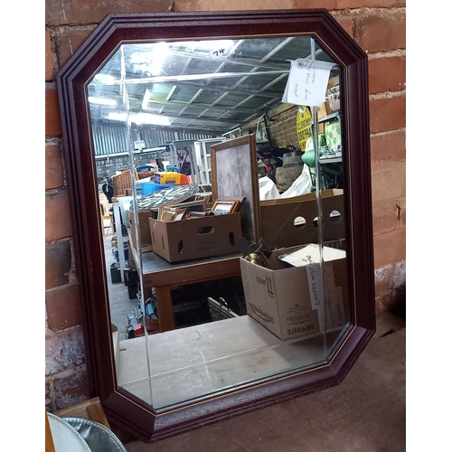 74 - MODERN WOOD FRAMED MIRROR & A BRASS EMBOSSED FIRE GUARD