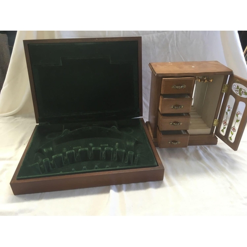 925 - EMPTY CUTLERY BOX & SMALL JEWEL CABINET WITH DOOR & 4 DRAWERS