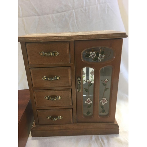 925 - EMPTY CUTLERY BOX & SMALL JEWEL CABINET WITH DOOR & 4 DRAWERS