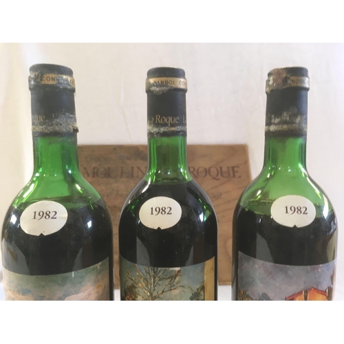 927 - WOOD CASE WITH 3 BOTTLES OF 1982 BANDOL WINE, 2 ULLAGED MID TO LOW SHOULDER