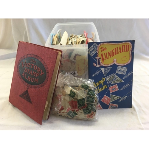 928 - TUB OF MISC USED POSTAGE STAMPS & POSTCARDS