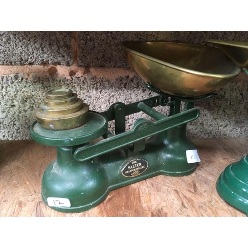 12 - 2 GREEN METAL KITCHEN WEIGH SCALES WITH WEIGHTS