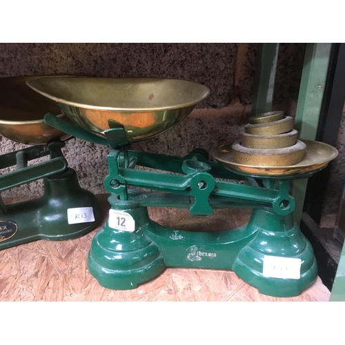 12 - 2 GREEN METAL KITCHEN WEIGH SCALES WITH WEIGHTS