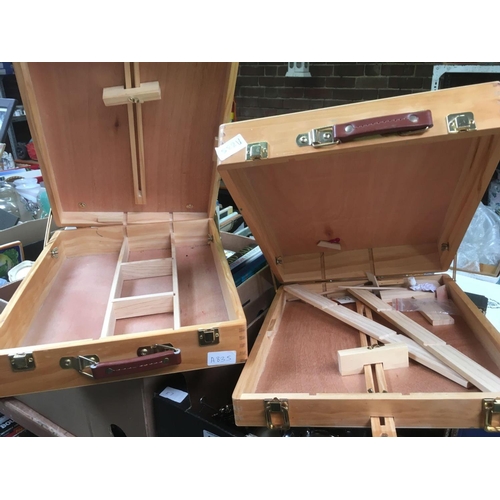 15 - 2 WOODEN ARTISTS BOXES & A FOLDING WINE RACK