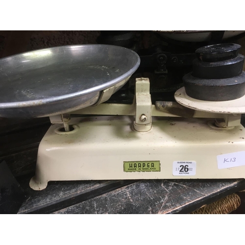 26 - TWO VINTAGE KITCHEN SCALES WITH WEIGHTS, JUICER & 7lb POTATO WEIGHT