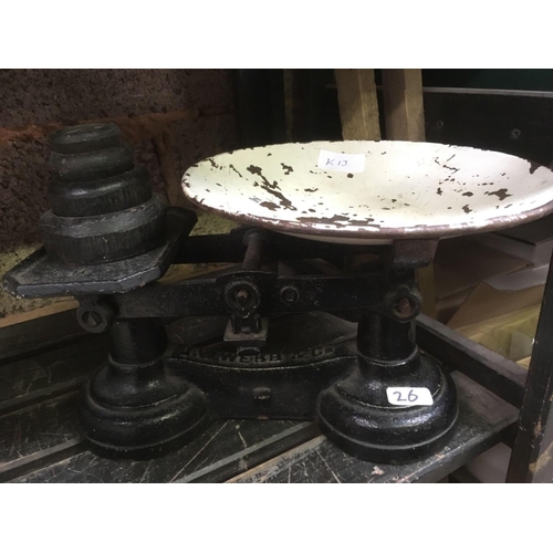 26 - TWO VINTAGE KITCHEN SCALES WITH WEIGHTS, JUICER & 7lb POTATO WEIGHT