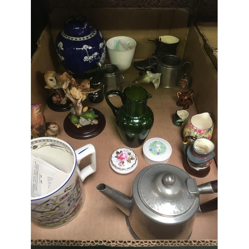 34 - 3 CARTONS OF MISC GLASS & CHINAWARE INCL; VASES, GINGER JARS & PEWTER TEAPOT