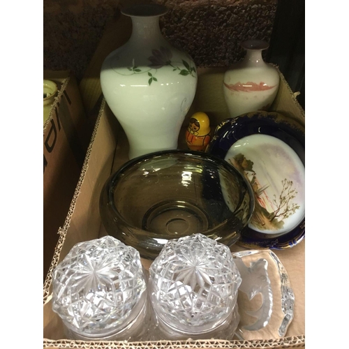 34 - 3 CARTONS OF MISC GLASS & CHINAWARE INCL; VASES, GINGER JARS & PEWTER TEAPOT