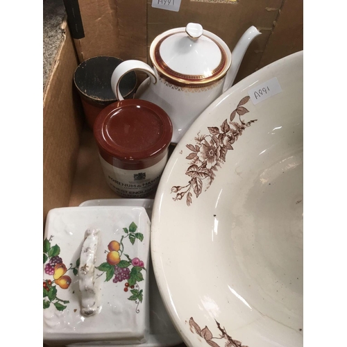 41 - CARTON WITH WASH BOWL, STONEWARE HOT WATER BOTTLE, CHEESE DISH & OTHER CHINAWARE