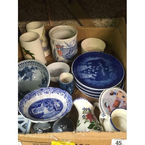 45 - 2 CARTONS OF MISC CHINAWARE, COMMEMORATIVE PLATES, BRASS OIL LAMP & PYREX DISHES