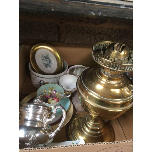 45 - 2 CARTONS OF MISC CHINAWARE, COMMEMORATIVE PLATES, BRASS OIL LAMP & PYREX DISHES