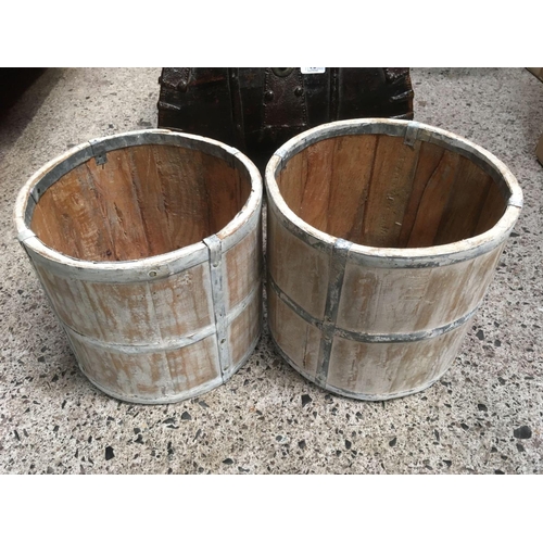 48 - 2 LIME WASHED CIRCULAR WOOD POTS & A CHINESE WOOD METAL BOUND RICE BUCKET