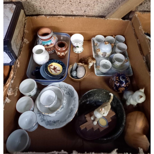 63 - 2 CARTONS OF MIXED CHINAWARE INCL; PLATES, CHERRY VASE, CAT ORNAMENTS, SMALL TEA SET, WICKER BASKET ... 