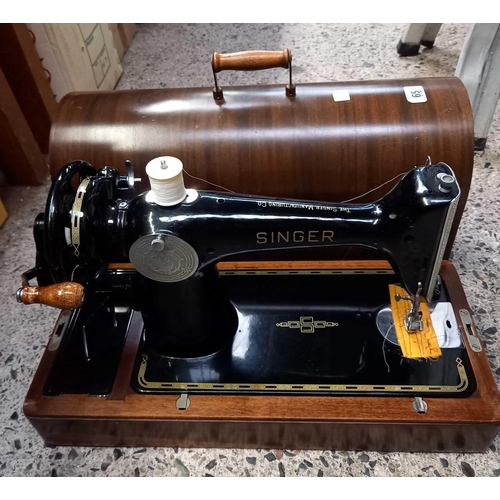 65 - HAND SINGER SEWING MACHINE IN CASE WITH KEY