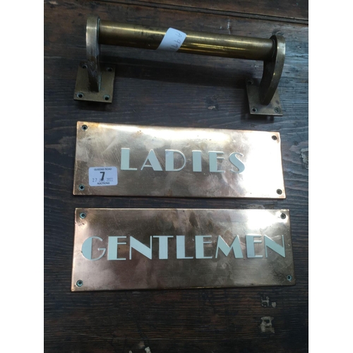 7 - COPPER LADIES & GENTLEMAN SIGNS & A COPPER DOOR HANDLE