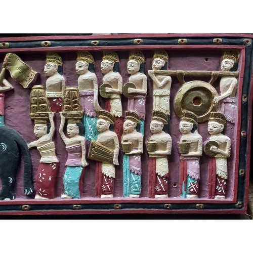 124 - LARGE CARVED PAINTED WOOD PLAQUE OF ORIENTAL DESIGN WITH FIGURES & ELEPHANTS, 5ft LONG