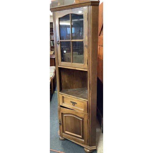 196 - STRESSED OAK CORNER DISPLAY CABINET, 6ft TALL